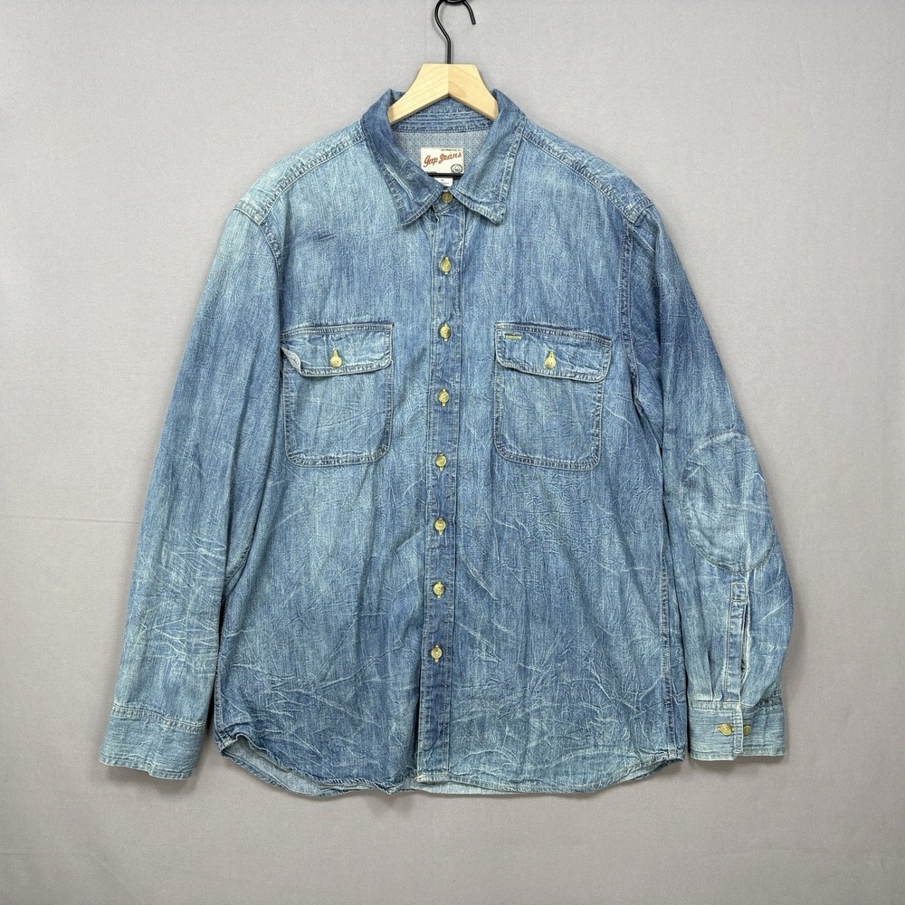 Gap Jeans Mens XL Long Sleeve Denim Work Shirt Light Wash Utility Elbow Patches